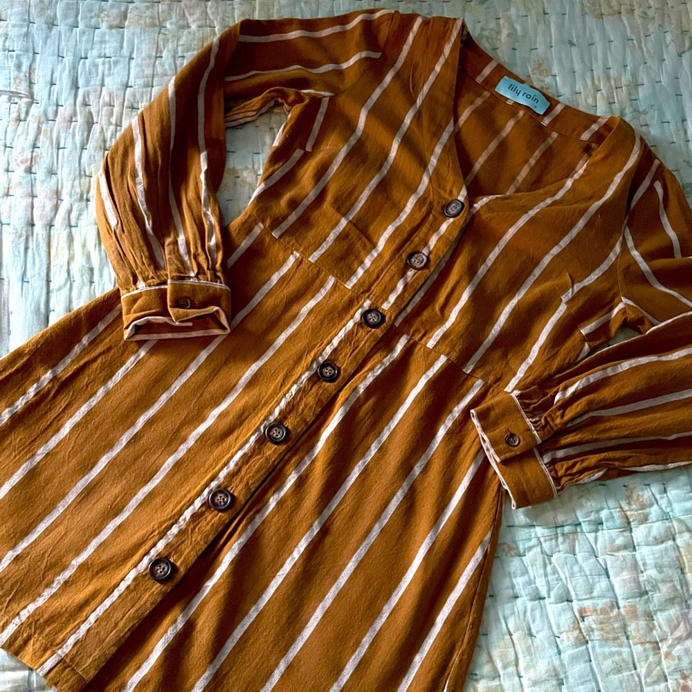 Pin Striped Long Sleeve Button Up Dress